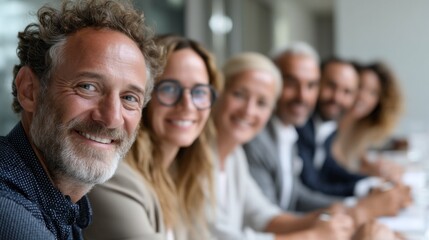 Participants at a business meeting show enthusiasm and collaboration. Individuals are seated at a long table, participating in discussions and exchanging ideas in a bright office environment