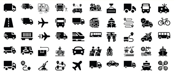 Transportation and delivery vector icons set with various modes and services