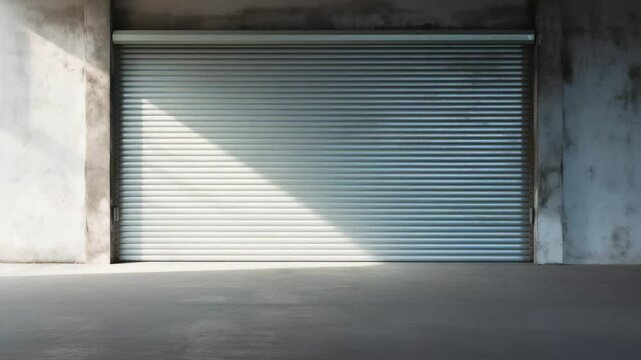 A closed metallic roller shutter door on a concrete wall, providing industrial ambiance.