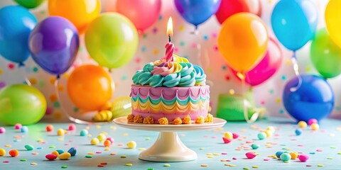 A colorful first birthday smash cake with swirly frosting and a lit candle on top, surrounded by confetti and balloons , lit candle, festive scene