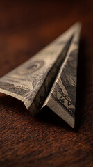 Close-up of paper airplane folded from dollar bill, resting on dark brown wood surface, symbolizing travel, finance, or investment journey