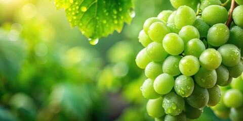 Close-up shot of a lush green grape bunch with tiny water droplets on the surface, creating a sense of freshness and ripeness against a blurred background , fruit, fresh produce