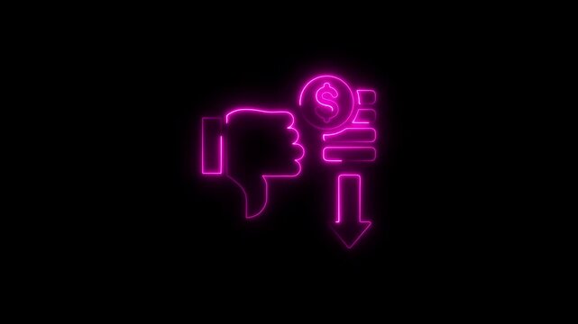 Glowing neon animated thumb down with dollar symbol and downward arrow on black