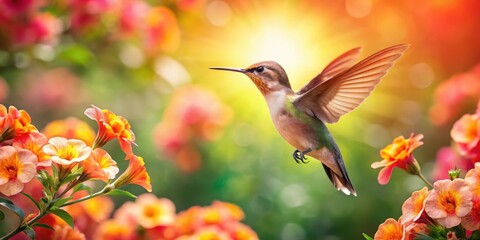 hovering hummingbird near vibrant orange flowers in a sunny garden, surrounded by pink blossoms with delicate petals and lush green foliage, orchid, hummingbird