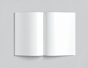 Blank open magazine mockup on grey background with white pages, clean minimal layout, realistic 3D rendering, perfect for catalog, editorial, or brochure design