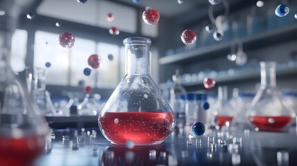 Floating spheres surrounding a laboratory flask filled with liquid.