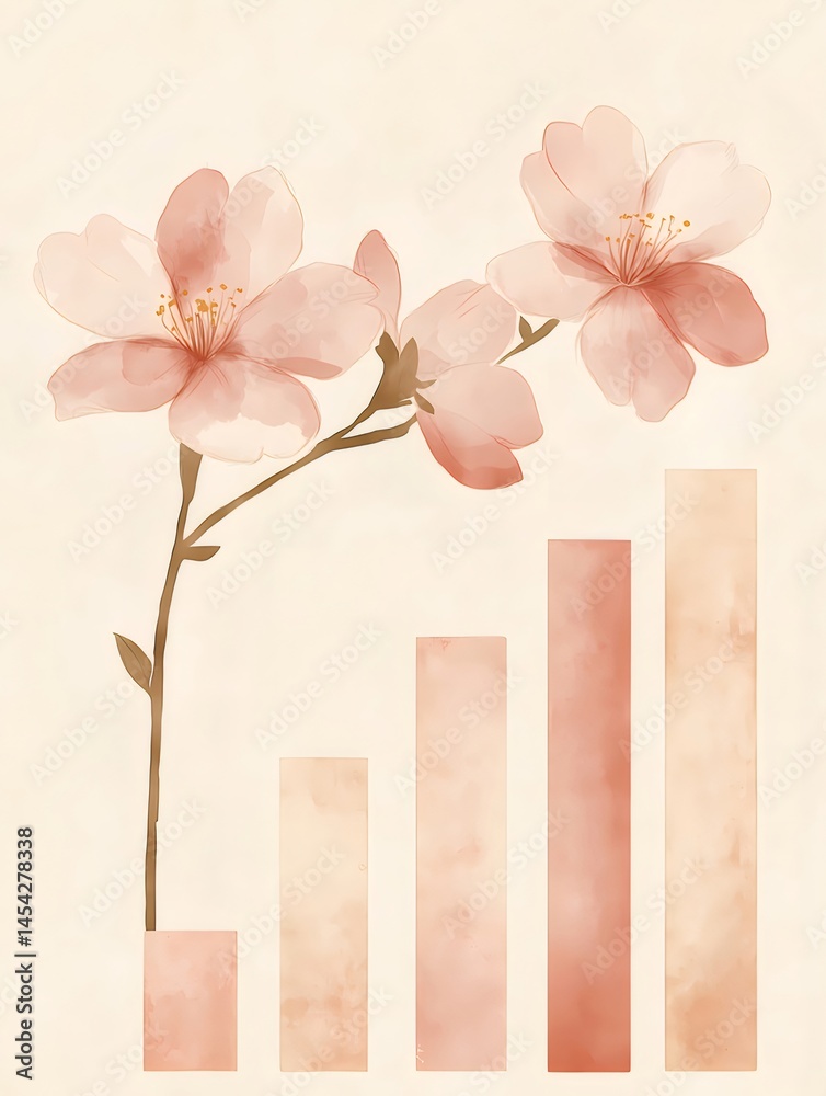 Aufkleber 水彩風桜の枝とピンク色のグラデーションバーのイラスト背景 淡い色合いのデザイン 自然の美しさ