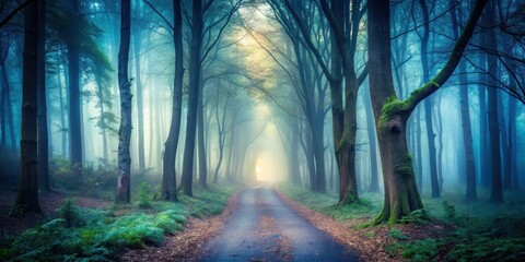 Naklejka premium Mysterious foggy forest path with eerie mist at dusk, peaceful, ambiance, peaceful, ambiance, eerie, seclusion