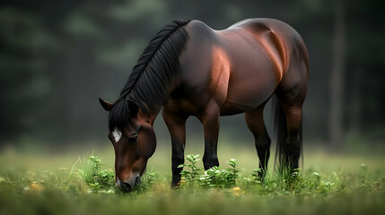 Naklejka premium Brown Horse Grazing In Meadow With Dark Forest Background