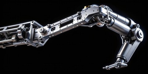A close-up of a mechanical robotic arm suspended against a black canvas, its metal limbs and joints exposed in sharp relief as it extends or retracts, dark background, mechanical robot
