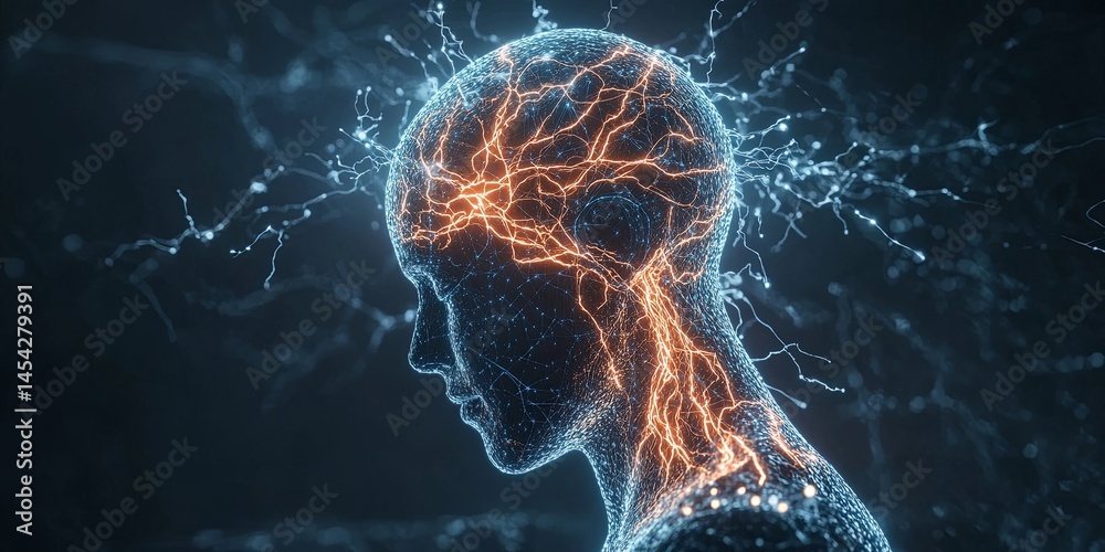 Poster a glowing neural representation of the human nervous system, with electric impulses symbolizing sign