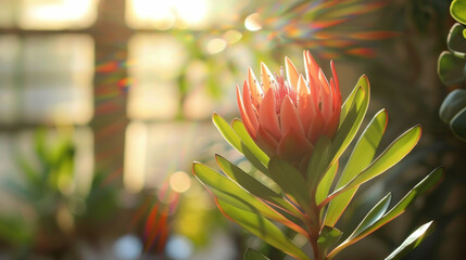 Radiant pink protea flower in soft sunlight