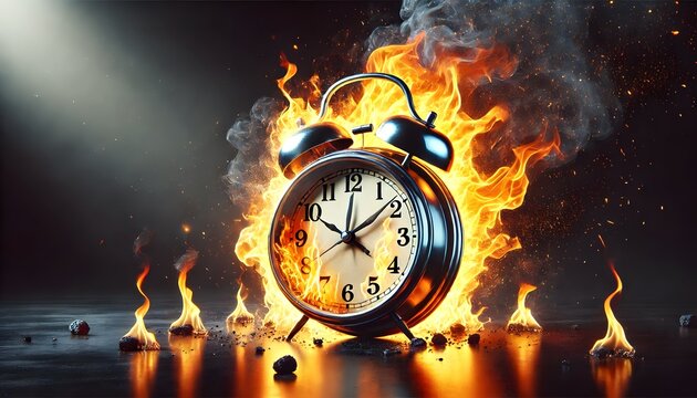 Alarm clock on fire. Burning alarm clock, flames, fire, melting time, dramatic lighting, dark background, urgency, symbolic, surreal, conceptual art, high contrast, glowing embers, smoke, heat waves