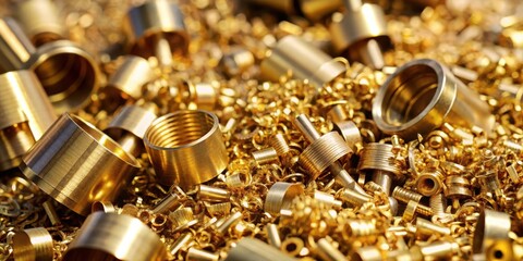 Close-up of brass material scrap from turning process showing machined surface with fine scratches and metal shavings scattered around, industrial waste, metal shavings