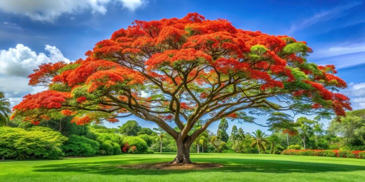 A majestic Royal Poinciana tree stands tall amidst a lush tropical garden, its vibrant red flowers swaying gently in the breeze, royal poinciana, floral explosion