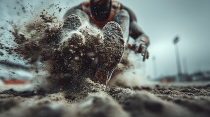 Low-angle shot of granular sand flying in long jump landing.

