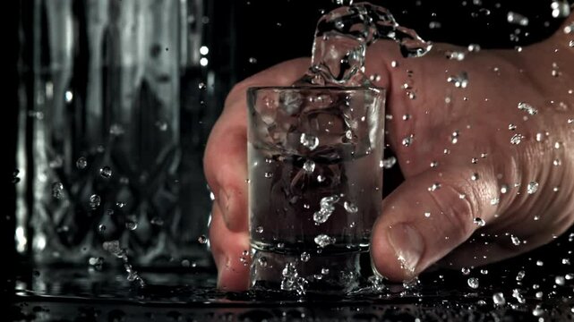 The man puts a glass of vodka on the table. Filmed on a high-speed camera at 1000 fps. High quality FullHD footage