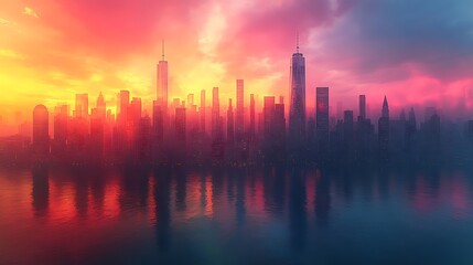 Glowing Cityscape at Dusk with Reflective River Lights