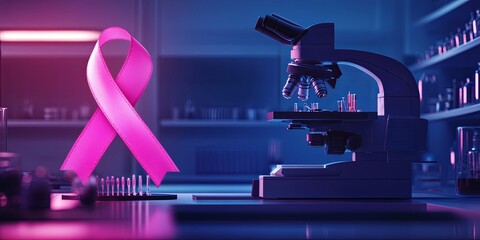 A futuristic laboratory where researchers examine cells under a microscope, with a glowing pink ribbon in the background symbolizing advances in breast cancer research