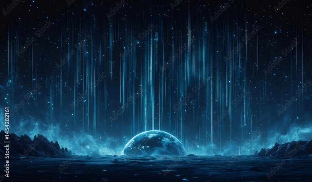 Poster 青色発光宇宙空間に浮かぶ球体と光の線のデジタル抽象イラスト 夜空に輝く星と幻想的な雰囲気
