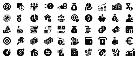 Set of black and white financial icons for finance, investment, and banking purposes