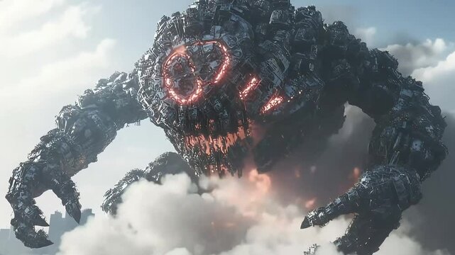 A colossal robot creature towers over a futuristic cityscape, with clouds swirling around its feet