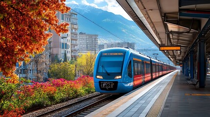 Naklejka premium Autumnal Train Journey: A Scenic Railway Ride Through Colorful Foliage