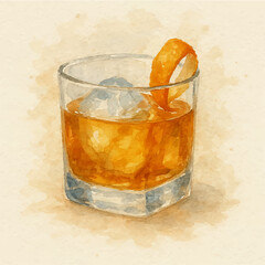 Classic Old Fashioned Cocktail Water Painting with Orange Garnish