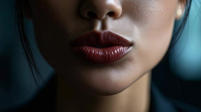 Close up of woman mouth and lips with dark lipstick, teeth visible, smooth skin, beauty and texture in soft light for online tutoring