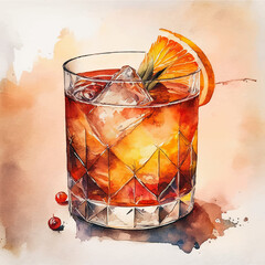 Classic Old Fashioned Cocktail Water Painting with Orange Garnish