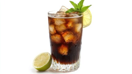 Cuba Libre cocktail in highball glass with fresh garnish, isolated on white background, transparent PNG style