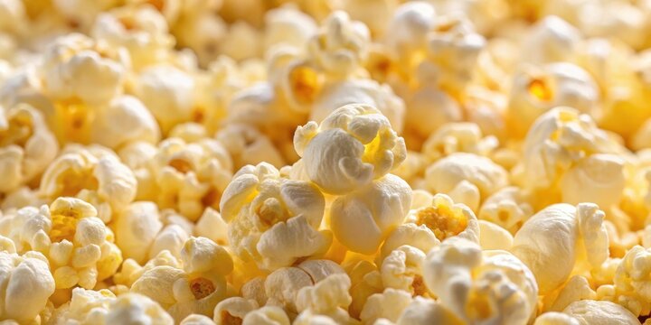 Macro close-up of fluffy popped buttered popcorn kernels, tasty, crispy,  tasty, crispy, fluffy, snack time