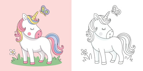 A charming coloring page featuring a peaceful unicorn with a beautiful butterfly.