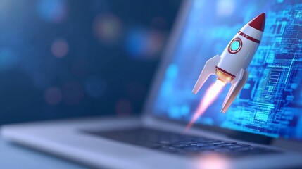 Rocket blasting off laptop screen, digital transformation, innovation concept