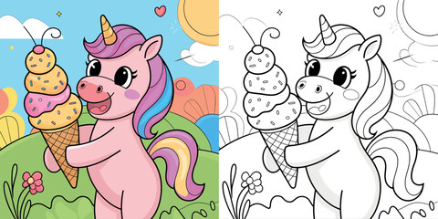 Cute Unicorn Coloring Page with Ice Cream