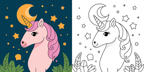 Adorable cartoon unicorn coloring page design, perfect for children.