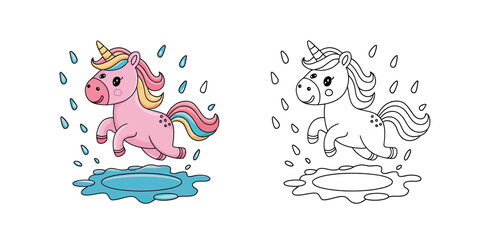 Cute unicorn jumping through a puddle in a coloring book.