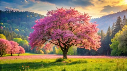 A stunning pink tree blooms in a secluded meadow, surrounded by vibrant wildflowers and towering trees, creating a picturesque scene of serenity and beauty , scenery, peaceful