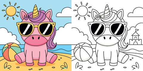 Cute Unicorn with Sunglasses Coloring Page at the Beach