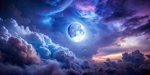 Fototapeta premium Luminous moon glows through dark storm clouds in an ominous night sky with deep blues and purples , night, moon, night