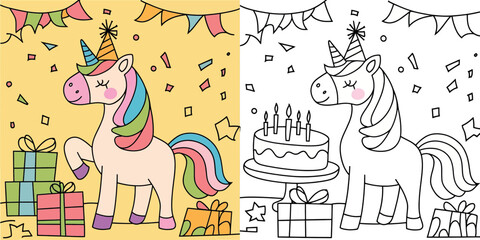 A vibrant, cheerful coloring page featuring a friendly unicorn wearing a party hat, surrounded by birthday decorations.