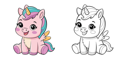 Cute baby unicorn coloring page, ready to be colored.