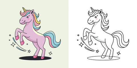 A cute, cartoon unicorn is depicted in a vibrant, playful pose, perfect for coloring books or educational materials.
