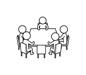 Five stylized figures depicting people sit around a rectangular table