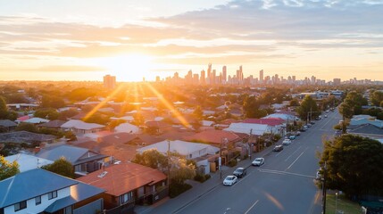 Obraz premium Residential area meets cityscape, golden sunset illuminating