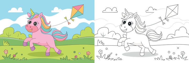 A vibrant illustration of a playful unicorn running across a meadow, holding a colorful kite.