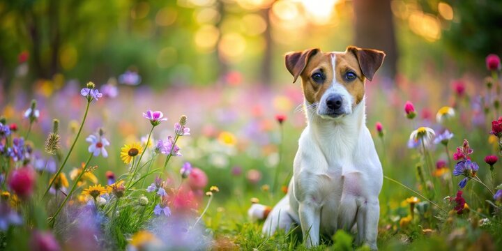 A Jack Russell terrier sitting on a soft patch of lush green grass, surrounded by vibrant wildflowers and trees in full bloom