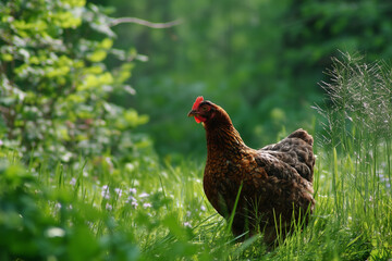 Farm chicken in the grass.