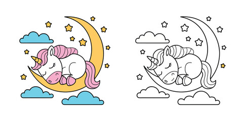 Cute unicorn coloring page design sleeping on the moon