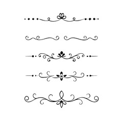 Obraz premium Text dividers doodle set. Wedding decorative elements. Divider ornament, borders, vintage line separators. Hand drawn vector illustration isolated on white background. Gold text dividers doodle set. 